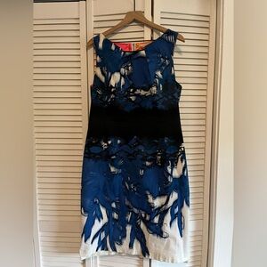 T Tahari Blue and Black Halter Sheath Midi Dress